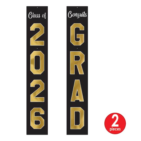 Beistle 6ft. Black & Gold Jointed Foil Graduation Pull-Down Cutouts, 2ct.